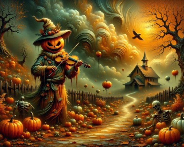 Whimsical Halloween Scene with Scarecrow and Pumpkins