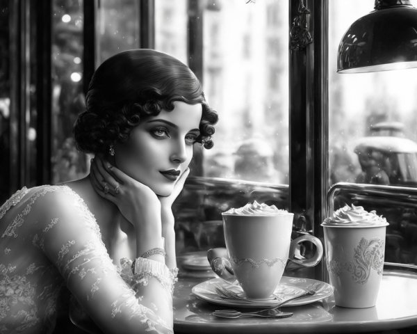 Glamorous Woman in Vintage Curls at Café Table