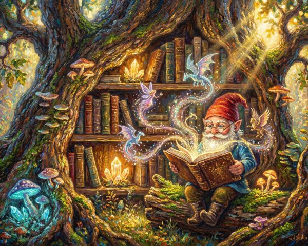 Gnome Reading in a Magical Forest Setting