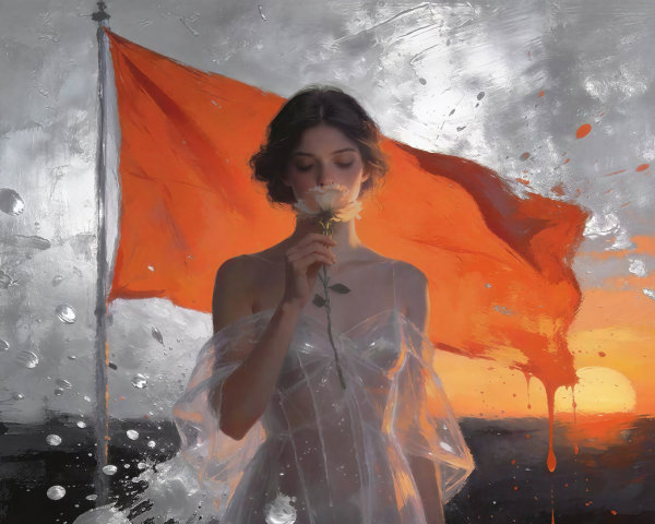 Ethereal Landscape with Woman and White Rose