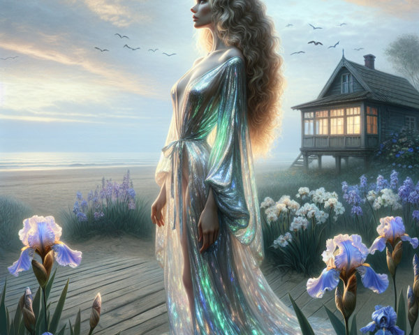 Mystical Dawn Scene with Woman by the Shore