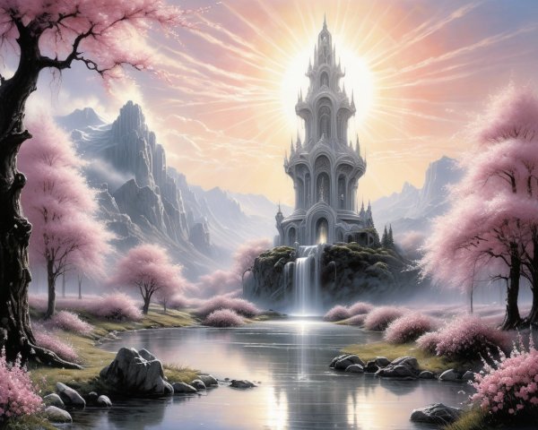 Castle Surrounded by Cherry Blossoms and Mountains