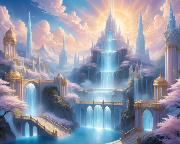 Fantastical Landscape with Waterfalls and Cherry Blossoms