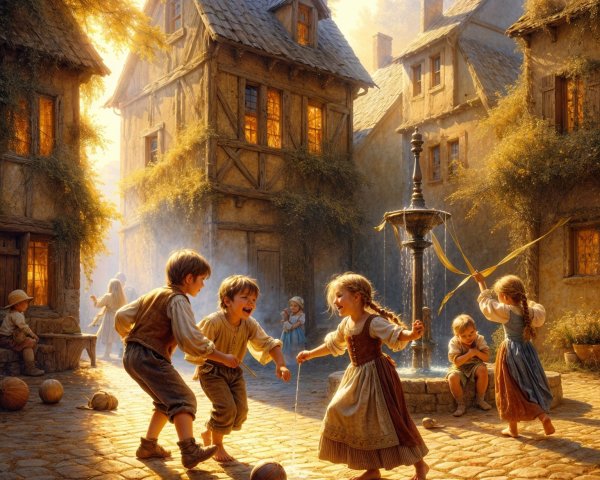 Children Playing in a Sunlit Village Square