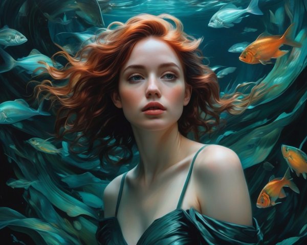 Underwater Scene with Young Woman and Aquatic Life