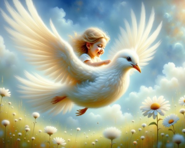 Child Riding a Large White Dove in a Colorful Meadow