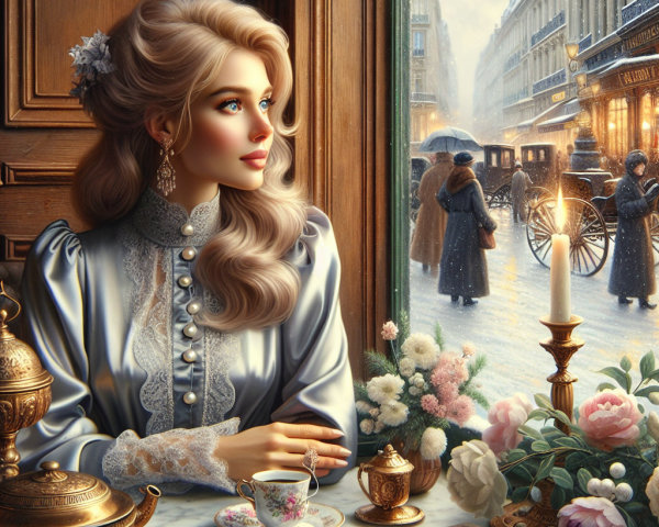 Victorian Woman Gazing at Snowy Paris Street Scene