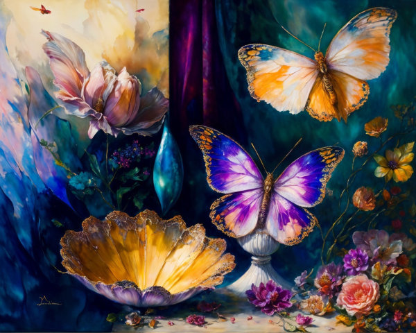 Vibrant Butterflies and Flowers in Tranquil Scene