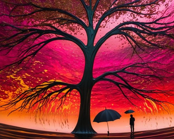 Silhouette of a tree against a vibrant sunset sky