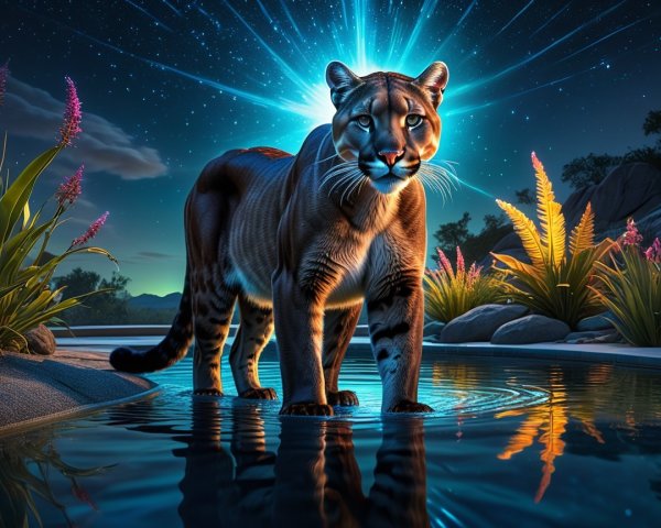 Tiger in serene pool under starry night sky