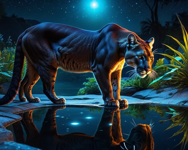 Big Cat by Moonlit Waterbody in Tranquil Nature Scene