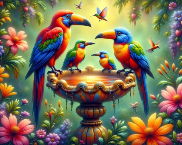 Exotic Birds Around Ornate Birdbath in Tropical Setting