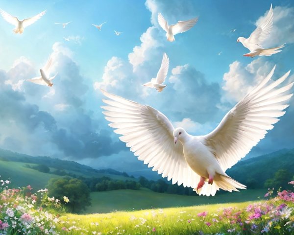 Serene Landscape with Doves and Wildflowers