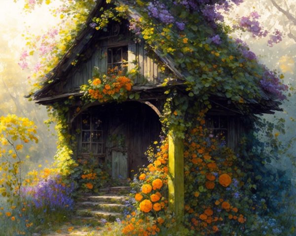 Overgrown Wooden Cottage Surrounded by Vibrant Flora