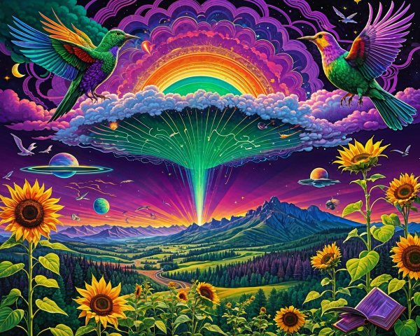 Vibrant Cosmic Scene with Hummingbirds and Sunflowers