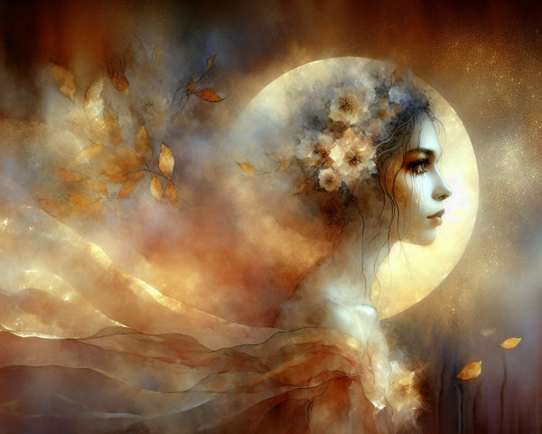 Ethereal Portrait of Woman with Moon and Flowers