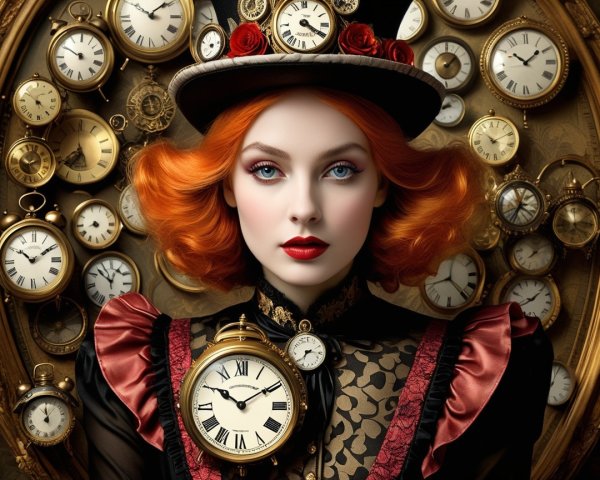 Portrait of a Woman with Red Hair and Antique Clocks