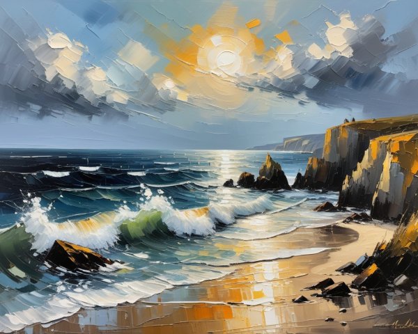 Vibrant Seascape of Coastline and Dramatic Sky