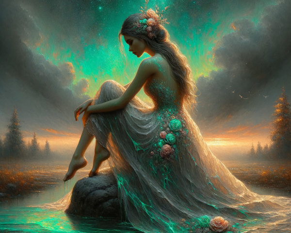 Serene Woman by Water in Ethereal Landscape