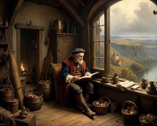 Elderly Man Reading in Cozy Rustic Interior Setting