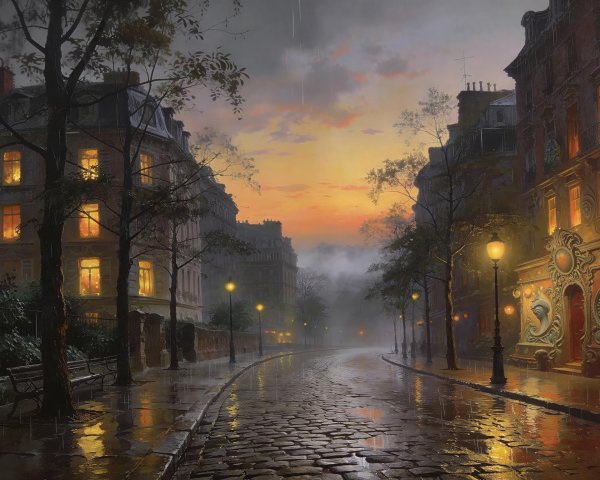 Rainy Evening in a European City Oil Painting