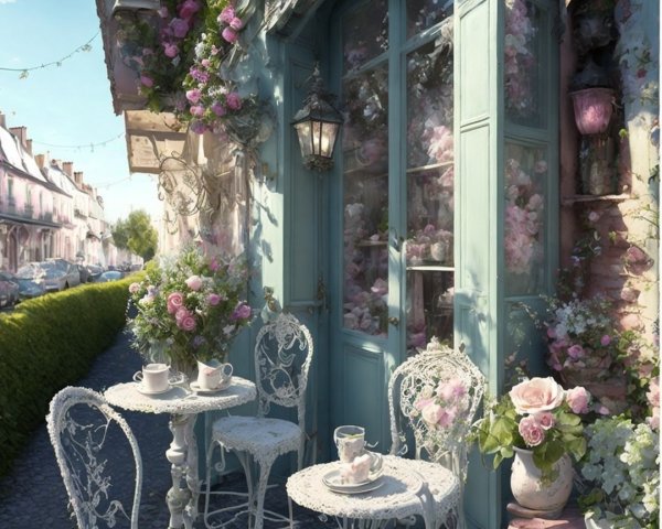 Charming Outdoor Café with Wrought-Iron Furniture and Roses