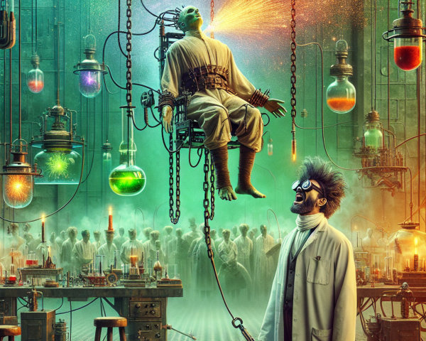 Mad Scientist Conducts Colorful Experiment in Laboratory