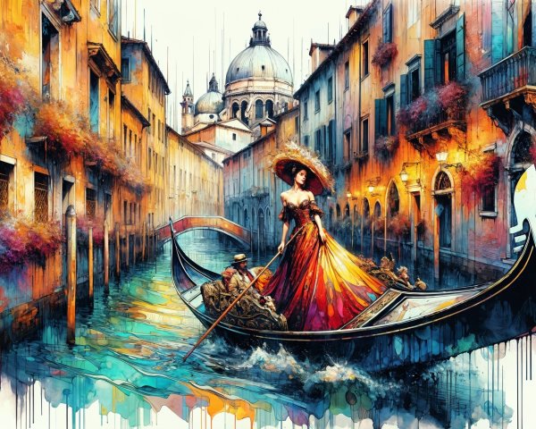 Gondola in Venetian Canal Surrounded by Colorful Scenery
