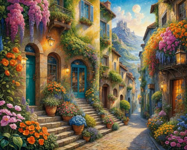 Charming Cobblestone Street with Flowers and Castle