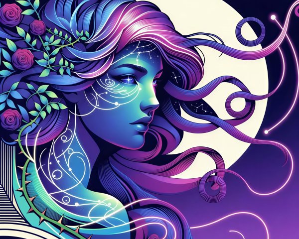 Fantastical portrait of a woman with vibrant hair and skin