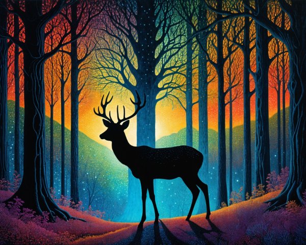 Majestic stag silhouette in vibrant forest colors
