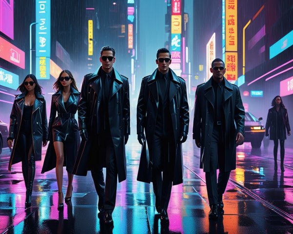 Cyberpunk Cityscape with Stylish Group in Black Attire