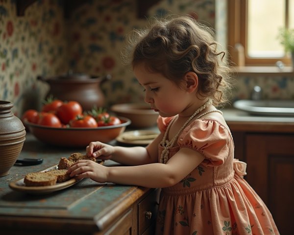 Young girl at rustic kitchen table with bread and tomatoes