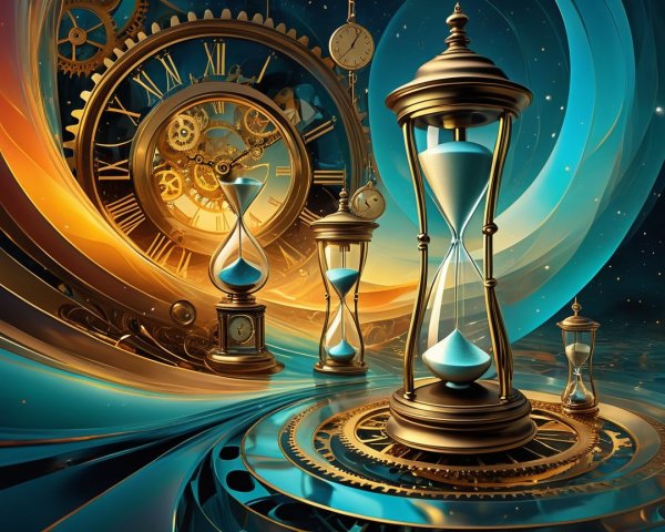 Artistic Depiction of Time with Clocks and Hourglasses