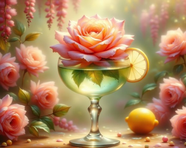 Delicate pink rose in glass with greenery and lemon