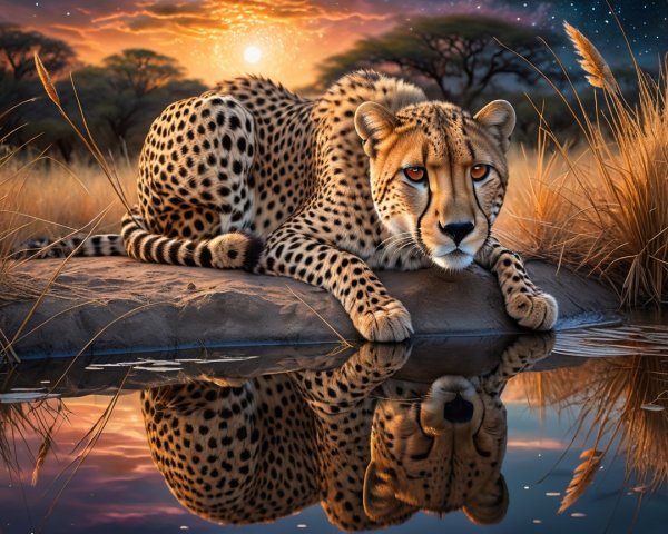 Cheetah by Waterhole at Sunset in Savanna Landscape