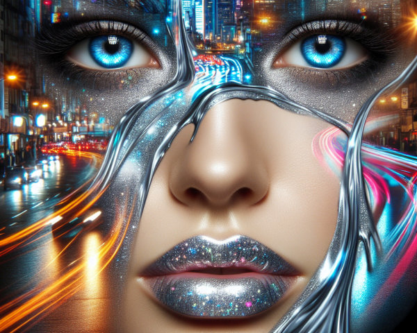 Futuristic Portrait of Woman with Cityscape Background