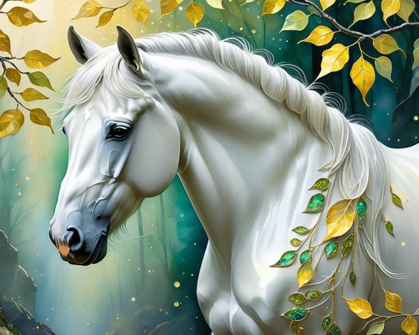 Majestic White Horse in a Lush Forest Setting
