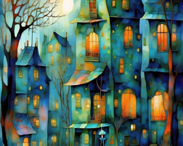 Whimsical Scene of Colorful Houses and Twilight Sky