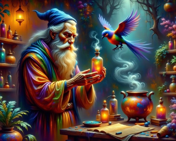 Elderly Wizard Examines Glowing Potion in Mystical Setting