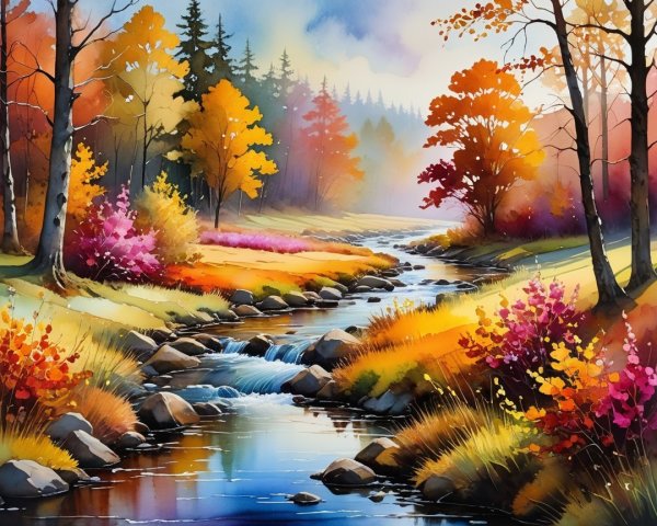 Autumn Landscape with Stream and Colorful Foliage