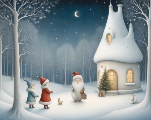 Whimsical Winter Scene with Children and Santa Claus