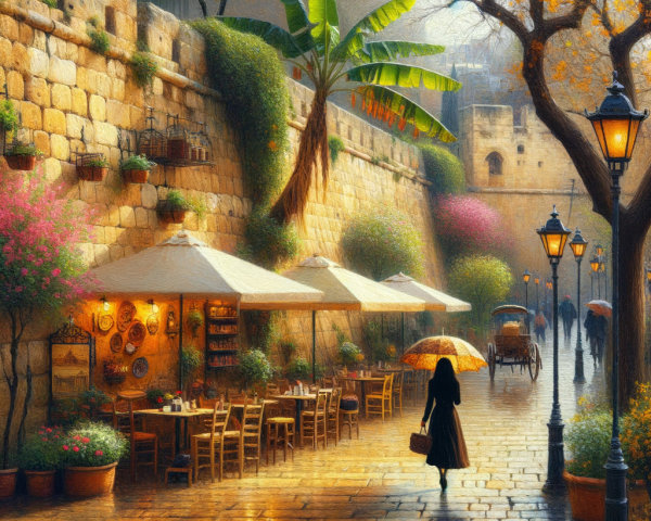 Charming Cobblestone Street with Outdoor Cafes and Greenery