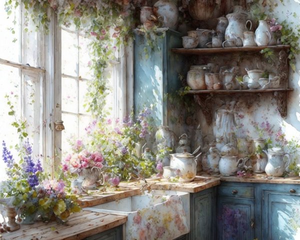 Vintage Kitchen with Delicate China and Rustic Decor