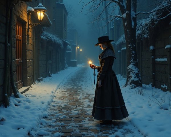 Young Woman in Vintage Dress in Snowy Alleyway