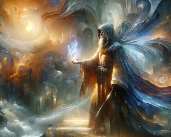 Majestic figure in vibrant robes in dreamlike landscape