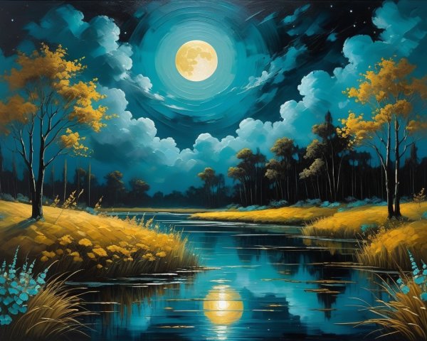 Tranquil Night Scene with River and Full Moon Reflection