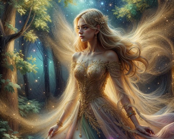 Mystical forest with a graceful figure in gown