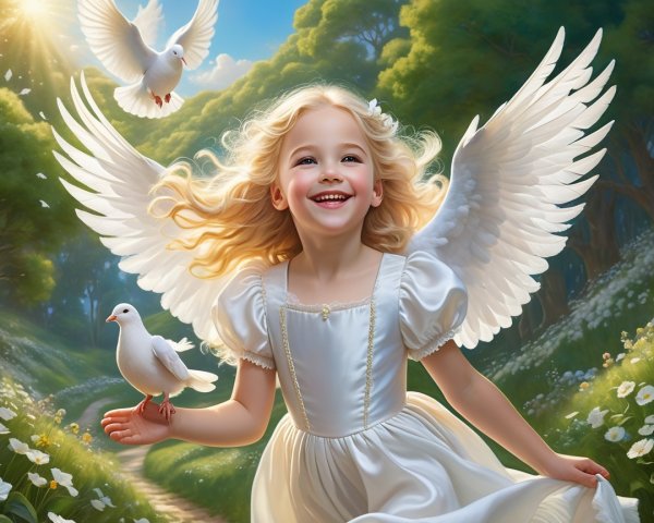 Joyful girl with wings in a sunlit meadow scene