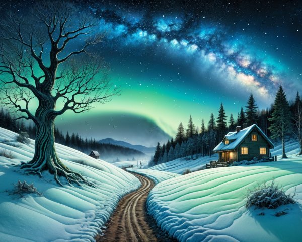 Winter Landscape with Cabin and Aurora Borealis
